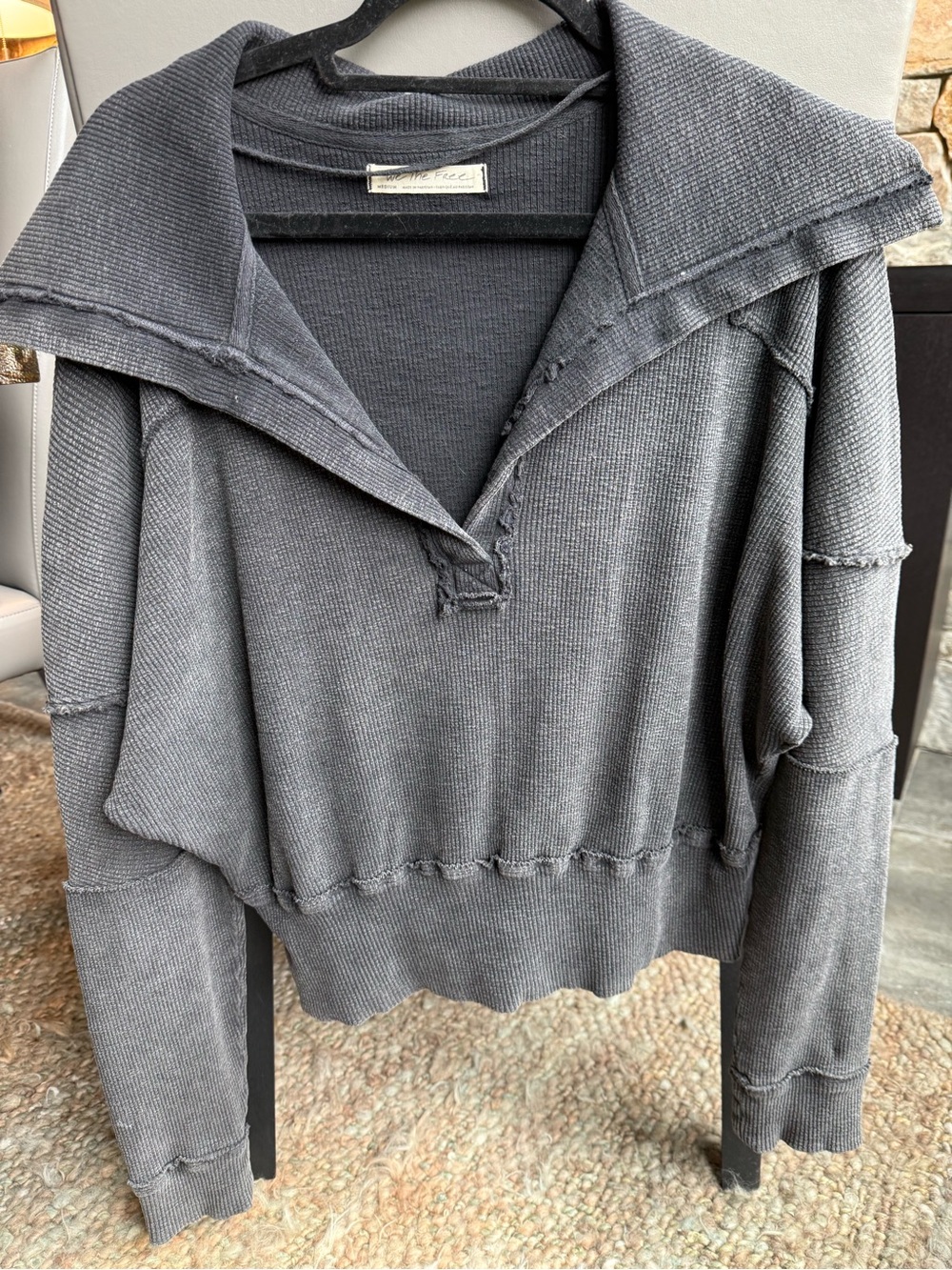 We The Free Washed Charcoal Ribbed Pullover with Frayed Trim